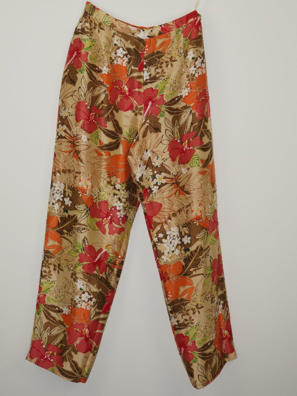 Adrianna Papell 100% Silk Beaded Tropical Wide-Leg Trousers Sz 8 Y2K‎